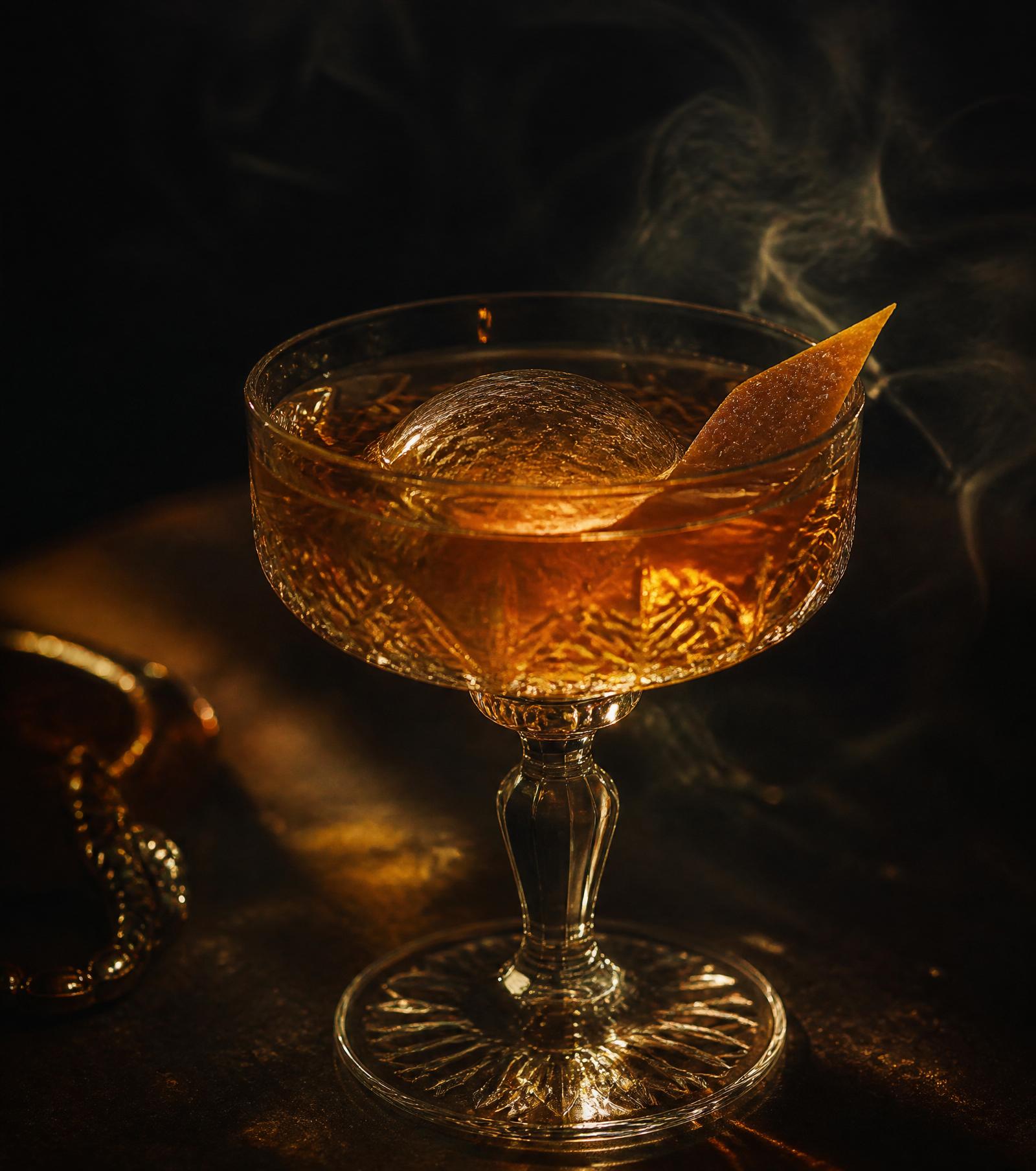Amber cocktail in a crystal coupe with orange peel and rising smoke