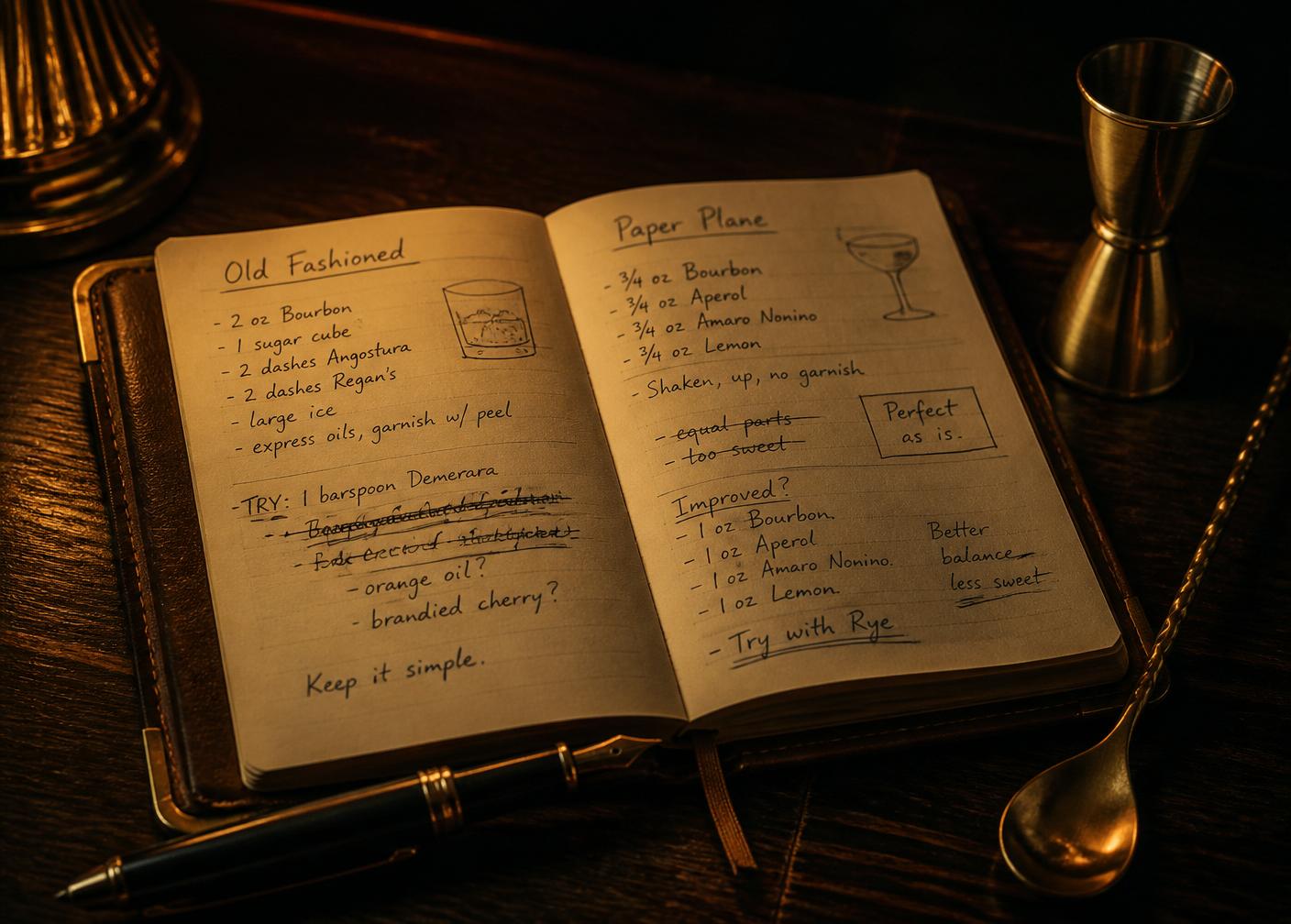Open bartender's notebook with handwritten cocktail iterations