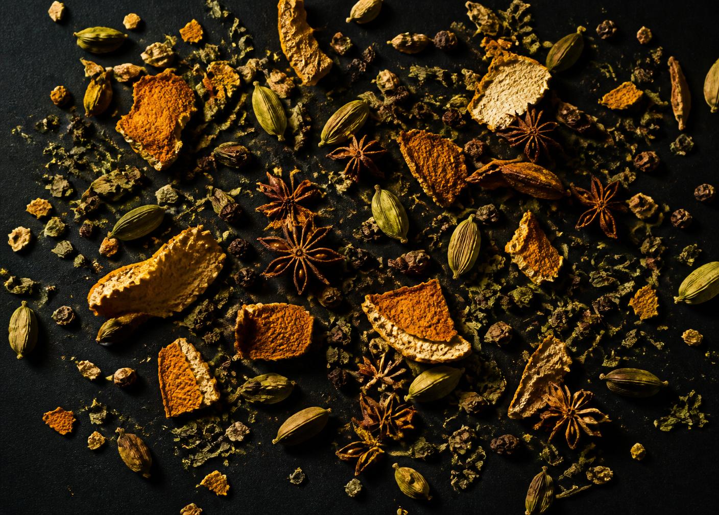 Aromatic ingredients scattered on black surface